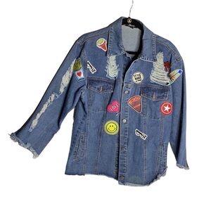 36 5 Brand Blue Denim Patch filled Frayed Hem Distressed Jacket in Med